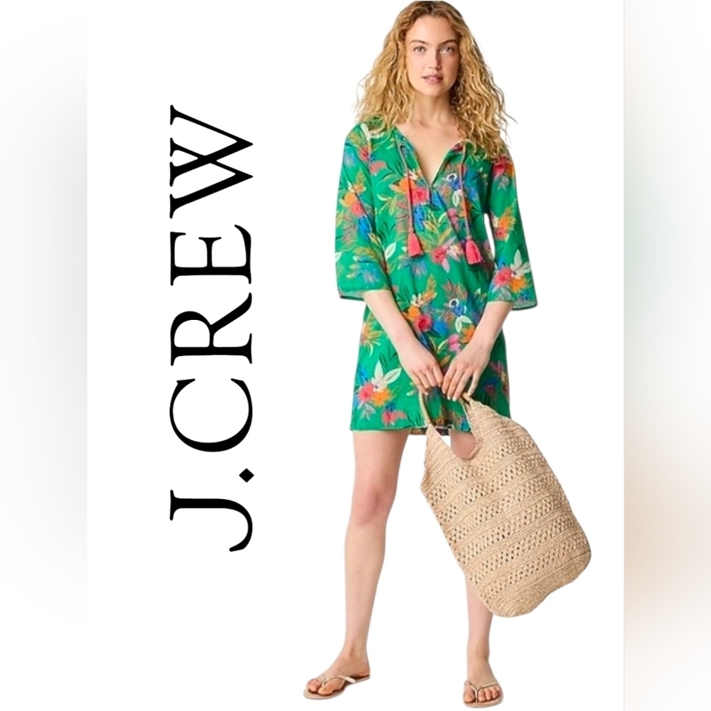 J. Crew Green Floral Tunic with Red Accents